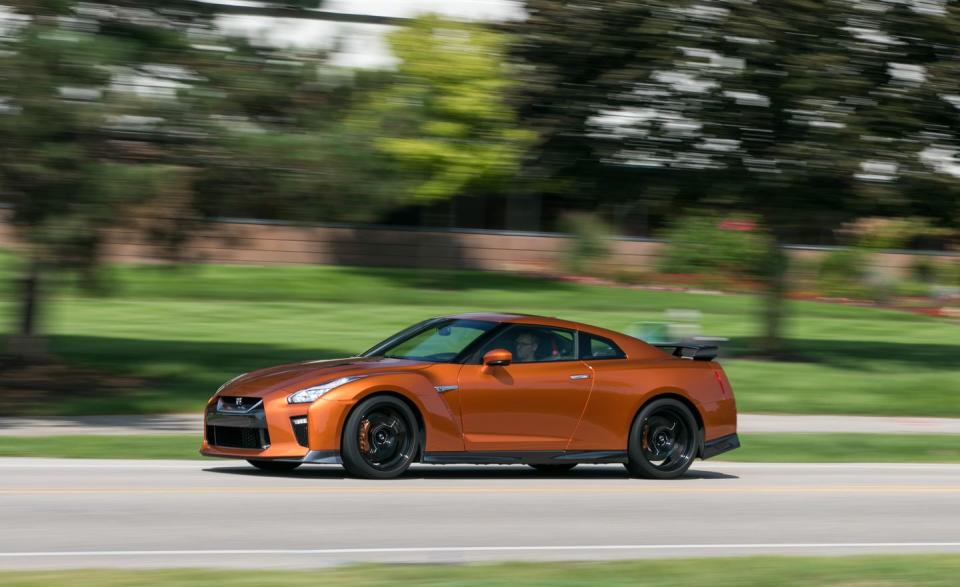 <p>The Nissan's beating heart is a twin-turbocharged 3.8-liter V-6 engine that now grunts out 565 horsepower and 467 lb-ft of torque, delivering thrust through a rear-mounted six-speed dual-clutch automatic transaxle.</p>