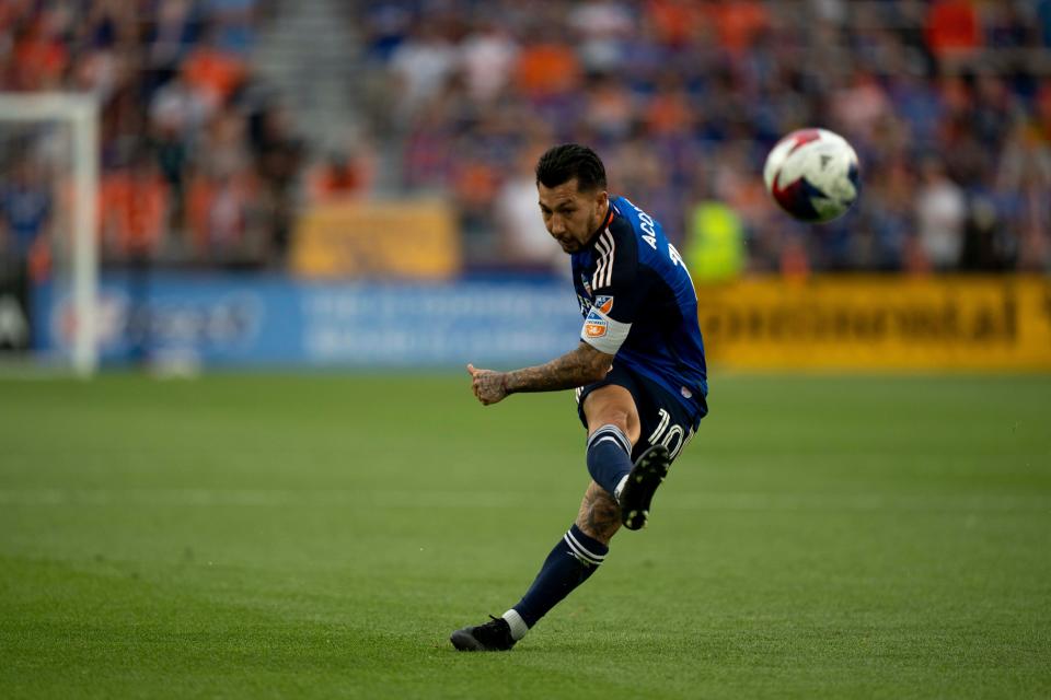 FC Cincinnati midfielder Luciano Acosta (10) shoots after a penalty in the first half of the US Open Cup play between the FC Cincinnati and the Pittsburgh Riverhounds SC at TQL Stadium in Cincinnati on Tuesday, June 6, 2023. 