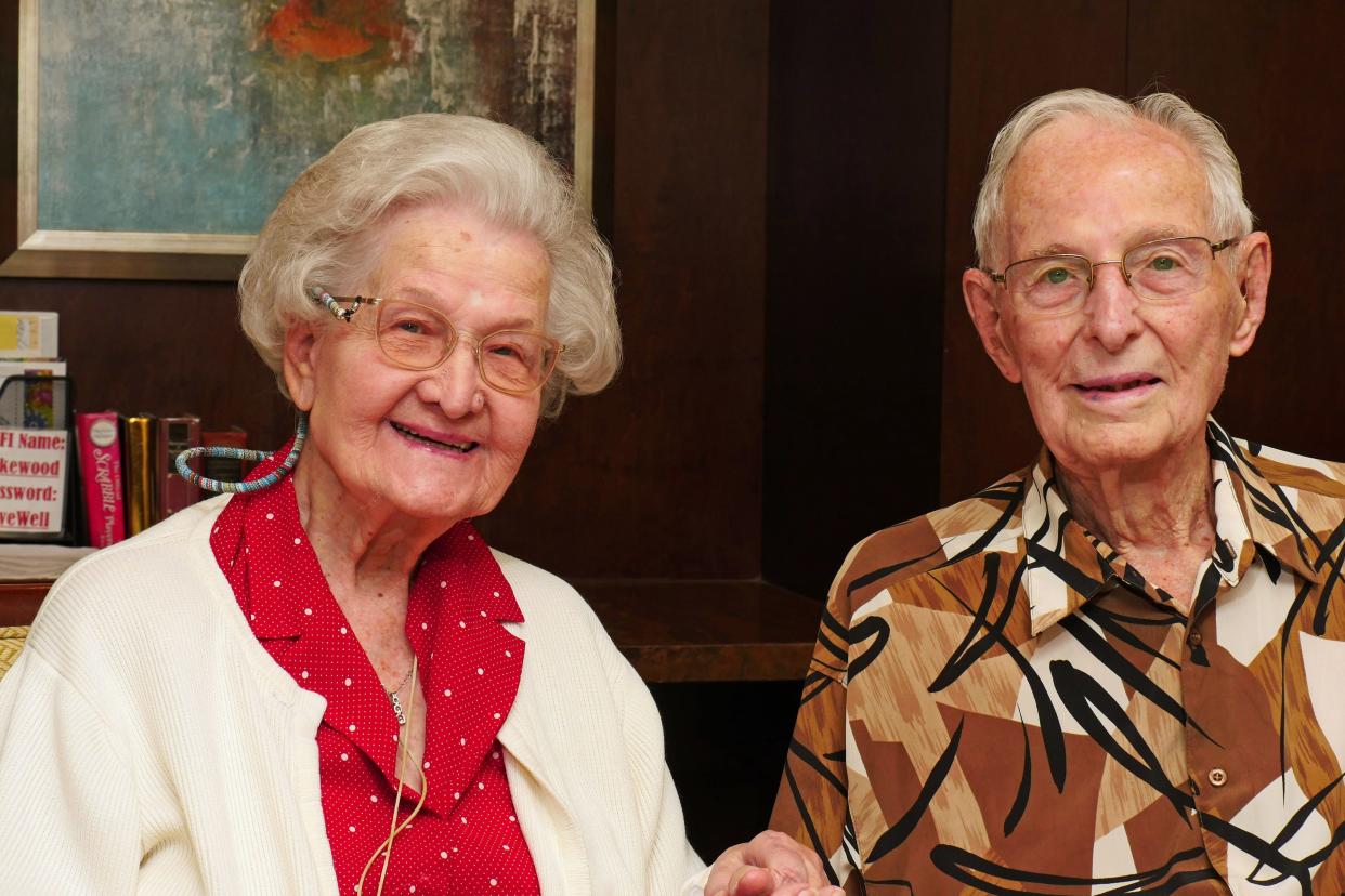 Leona and Jack Wagner pose for a photo in the game rom at The Sheridan at Lakewood Ranch. Jack will turn 105 on July 25, while Leona recently turned 100.