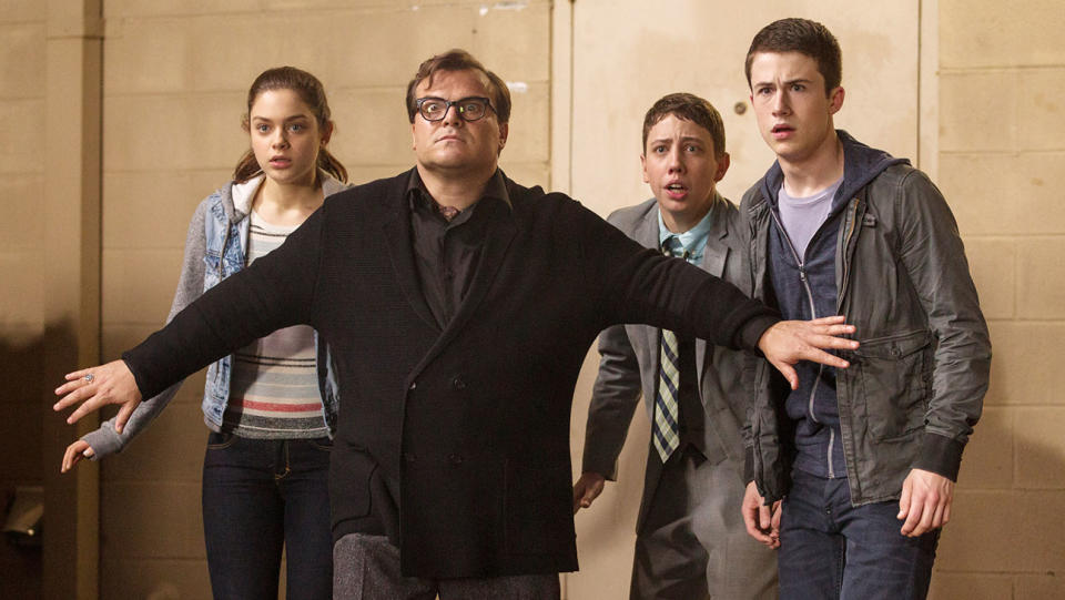 Odeya Rush, Jack Black, Ryan Lee, Dylan Minnette in Goosebumps (2015). - Credit: Columbia Pictures/courtesy Everett Collection