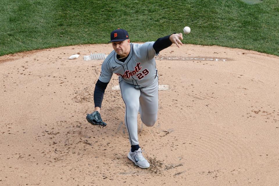 Detroit Tigers starting pitcher Tarik Skubal delivers a pitch during the second inning of the Opening Day game against the Chicago White Sox at Guaranteed Rate Field on Thursday, March 28, 2024 in Chicago.