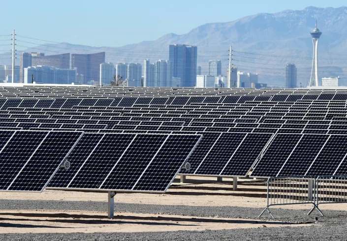 <span class="caption">Utility-scale solar is now cheaper than fossil fuels. This installation is at Nellis Air Force Base in Nevada.</span> <span class="attribution"><a class=