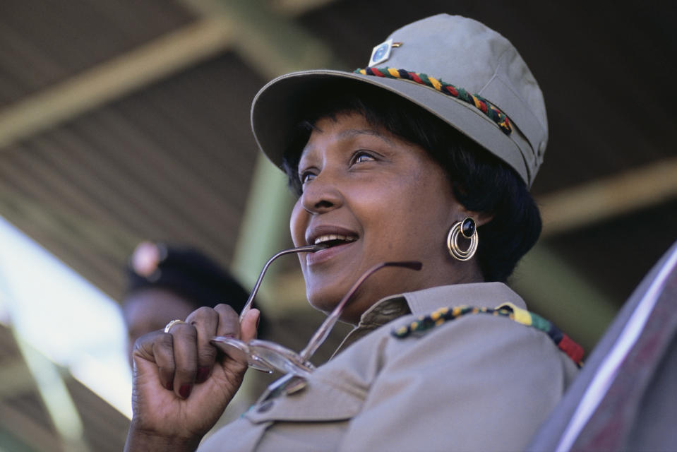 <p>Winnie Mandela at an ANC rally in Soweto circa 1986. (Photo: Gideon Mendel/Corbis via Getty Images) </p>