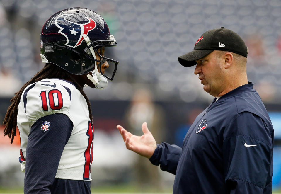 HOUSTON, TX - SEPTEMBER 10: DeAndre Hopkins #10 of the Houston Texans talks with head coach Bill O'Brien of the Houston Texans at NRG Stadium on September 10, 2017 in Houston, Texas.  (Photo by Bob Levey/Getty Images)