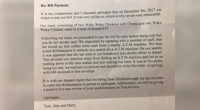 The letter sent to the restaurant's owner. Source: Facebook