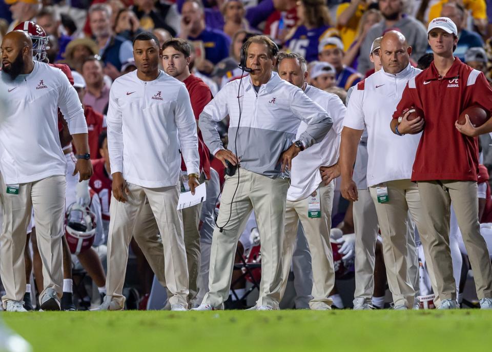 Alabama coach Nick Saban watches his team from the sideline during their game against LSU at Tiger Stadium in Baton Rouge, La.