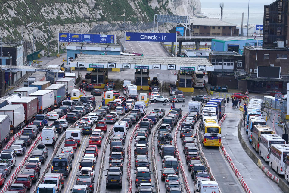 Traffic at the Port of Dover in Kent as the Easter getaway begins. The Port of Dover declared a critical incident as high levels of traffic caused coach passengers to experience lengthy delays. It comes as operators P&O Ferries and DFDS Seaways also reported delays to ferry and coach services, citing bad weather and hold-ups at French border controls as partly responsible for waits and queues. Picture date: Saturday April 1, 2023. (Photo by Gareth Fuller/PA Images via Getty Images)