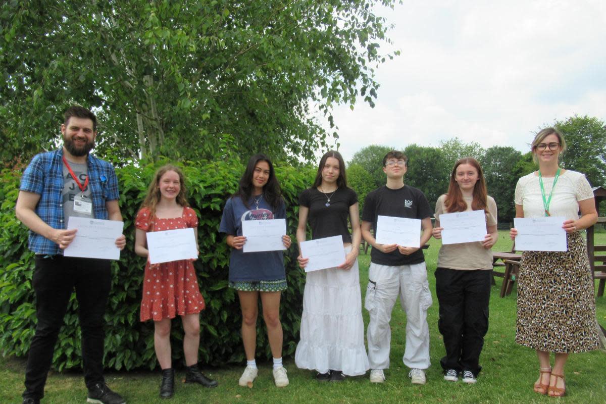 Left to right: Dr Liam Satchell, then The Young Researchers; Megan, Nina, Millie, Ty, Amelie and Psychology teacher, Mrs Briton. <i>(Image: Newsquest)</i>