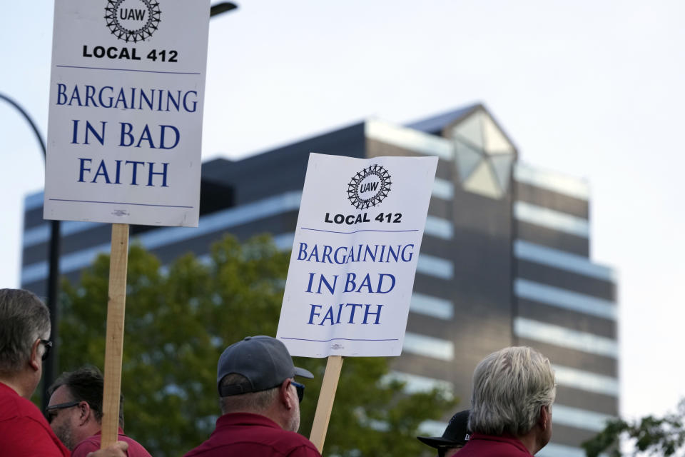 United Auto Workers march outside the Stellantis North American Headquarters, Wednesday, Sept. 20, 2023, in Auburn Hills, Mich. (AP Photo/Carlos Osorio)