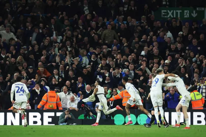 Leeds United players celebrate during the victory over Hull City