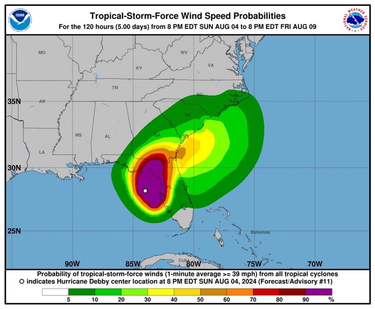 Map shows wind probabilities for Hurricane Debby (NHC)