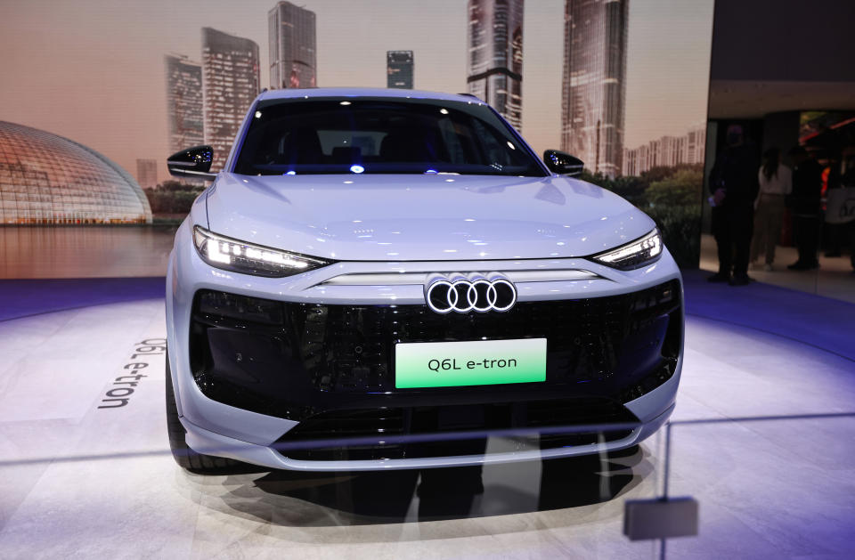 BEIJING, CHINA - APRIL 28: Audi Q6L e-tron is on display at Audi booth during the 2024 Beijing International Automotive Exhibition (Auto China 2024) at China International Exhibition Center on April 28, 2024 in Beijing, China. (Photo by VCG/VCG via Getty Images)