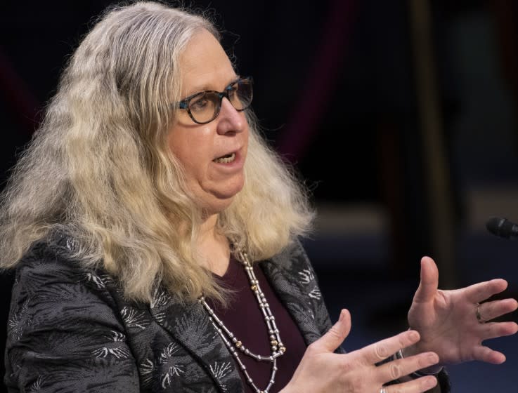 Rachel Levine, nominated to be an assistant secretary at the Department of Health and Human Services, testifies before the Senate Health, Education, Labor, and Pensions committee on Capitol Hill in Washington on Thursday, Feb. 25, 2021. (Caroline Brehman/Pool via AP)