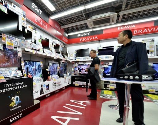 File photo shows Sony products displayed at an electronics store in Tokyo. Sony shares tumbled below 1,000 yen for the first time since 1980 as the Tokyo stock market plunged early Monday following a dismal performance from Wall Street and amid global economic concerns