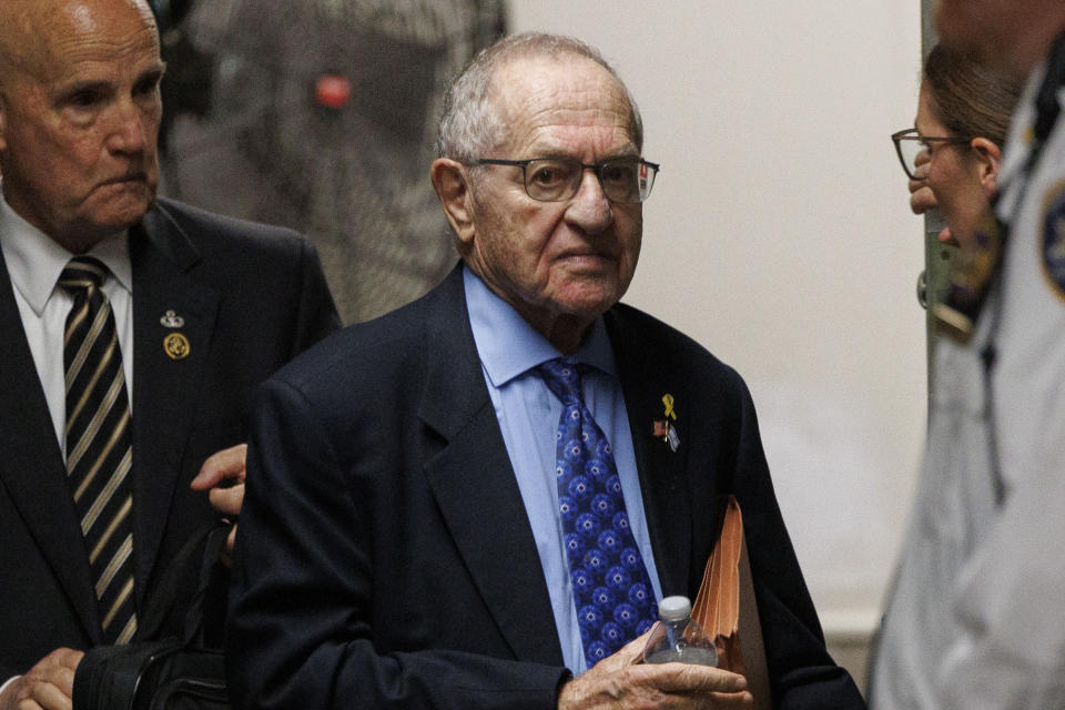 American lawyer Alan Dershowitz returns to the courtroom for the criminal trial of former President Donald Trump after a short break at the municipal criminal court in Monday May 20, 2024 in New York. (Sarah Yenesel/Pool Photo via AP)