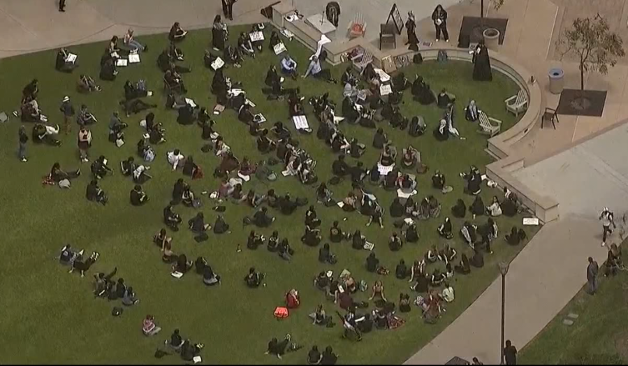Students gather at University of San Diego on May 1, 2024 to protest the ongoing war in Gaza. (SkyFOX/KUSI in the Sky)