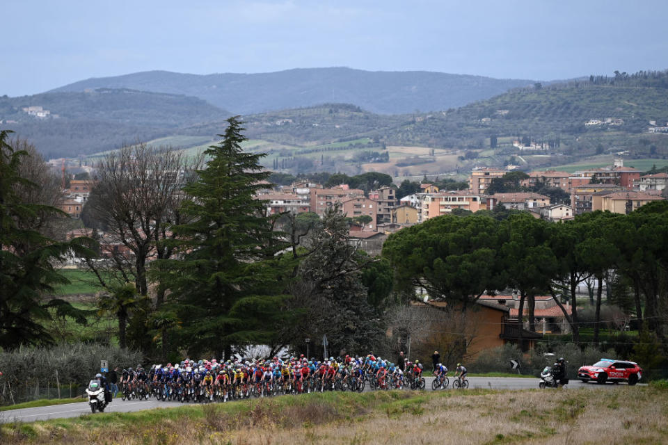 FOLIGNO ITALY  MARCH 08 A general view of the peloton passing through San Martino in Colle Village during the 58th TirrenoAdriatico 2023 Stage 3 a 216km stage from Follonica to Foligno 231m  UCIWT  TirrenoAdriatico  on March 08 2023 in Foligno Italy Photo by Tim de WaeleGetty Images