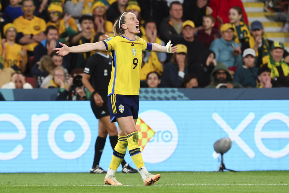 Sweden's Kosovare Asllani celebrates after scoring her team's second goal during the Women's World Cup third place playoff soccer match between Australia and Sweden in Brisbane, Australia, Saturday, Aug. 19, 2023. (AP Photo/Tertius Pickard)