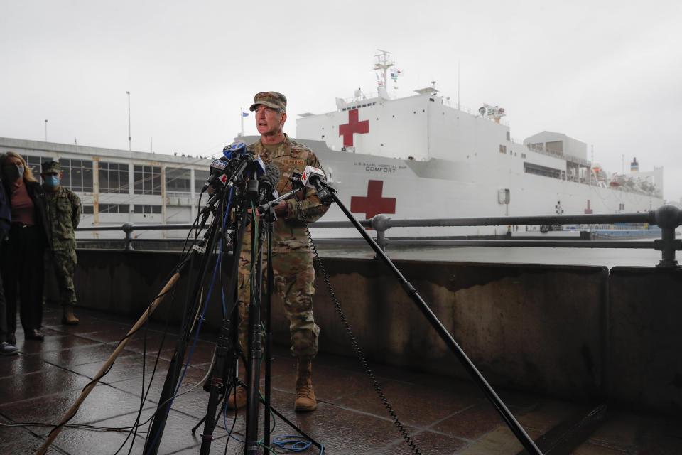 United States Air Force General Terrence O’Shaughnessy, commander of the United States Northern Command, speaks to reporters before the departure of the USNS Naval Hospital Ship Comfort, Thursday, April 30, 2020, in the Manhattan borough of New York. (AP Photo/John Minchillo)