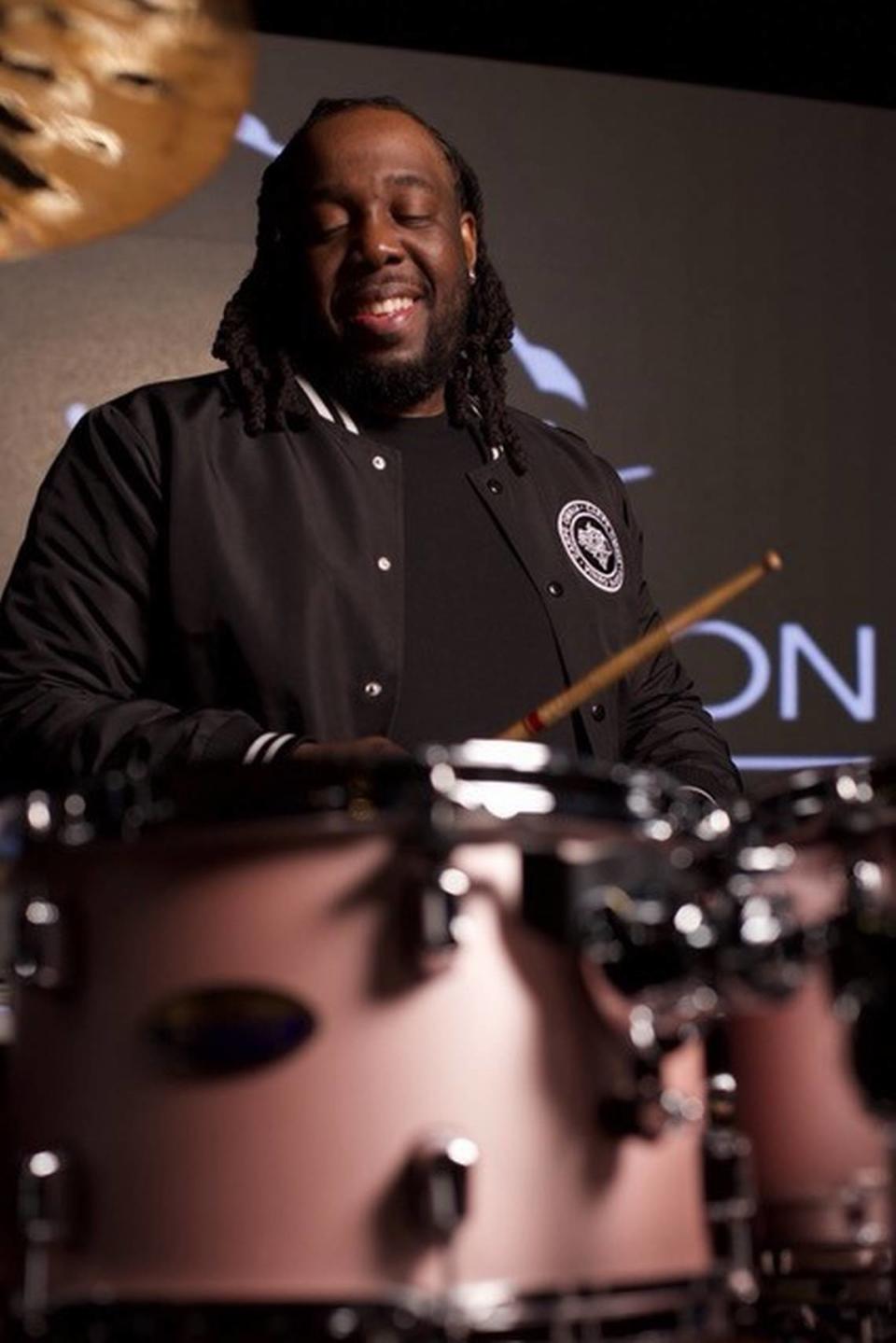 Quinton “Q” Robinson, of Miami, plays the drums on the “Hamilton national tour.