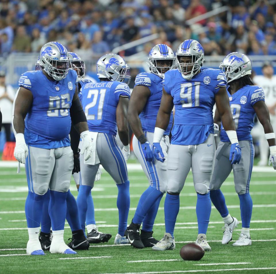 Detroit Lions defensive tackle Levi Onwuzurike (91) lines up during action against the Jacksonville Jaguars at Ford Field in a preseason game Saturday, August 19, 2023.