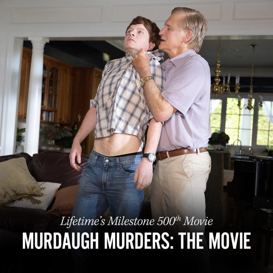 In this LIfetime Movie promo image, actors depict Alex Murdaugh and Paul Murdaugh in a violent, emotionally charged episode.