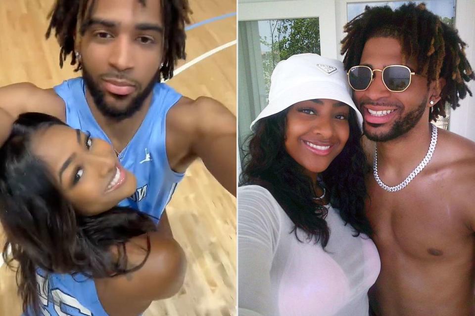 <p>Deja Kelly/TikTok; Deja Kelly/Instagram</p> RJ Davis and Deja Kelly on the court and on vacation together 