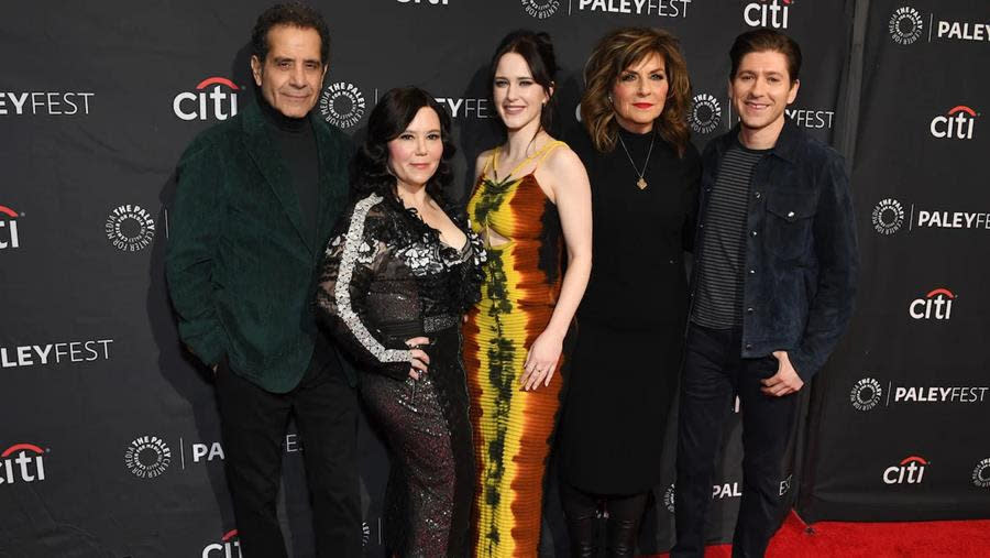 “The Marvelous Mrs. Maisel” cast members Tony Shalhoub (left), Alex Borstein, Rachel Brosnahan, Caroline Aaron and Michael Zegen attend PaleyFest LA 2023 at the Dolby Theatre in Hollywood.