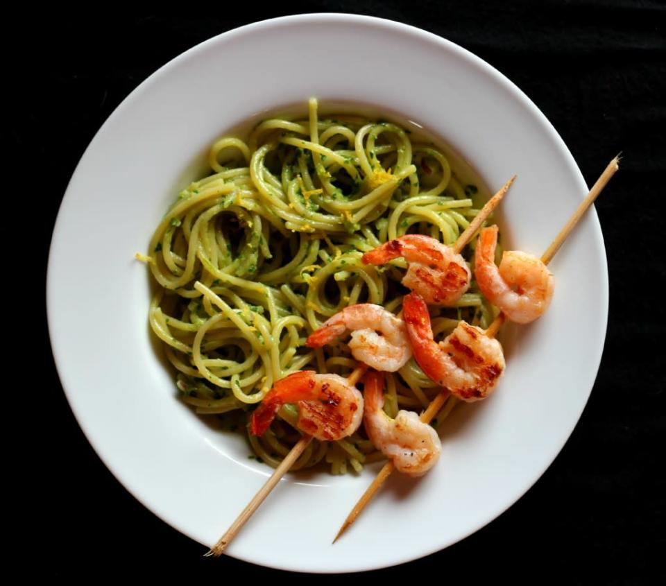 Photo: Caffay Way<br> Pasta with Creamy Avocado Pesto and Grilled Shrimp<br><br> What happens when one brilliant blogger puts a smattering of some of our favorite ingredients on one single plate? Something like this.<br><br> Recipe: <a href="http://www.caffayway.com/2013/01/09/avocado-pasta/#" rel="nofollow noopener" target="_blank" data-ylk="slk:Pasta with Creamy Avocado Pesto and Grilled Shrimp;elm:context_link;itc:0;sec:content-canvas" class="link ">Pasta with Creamy Avocado Pesto and Grilled Shrimp</a>