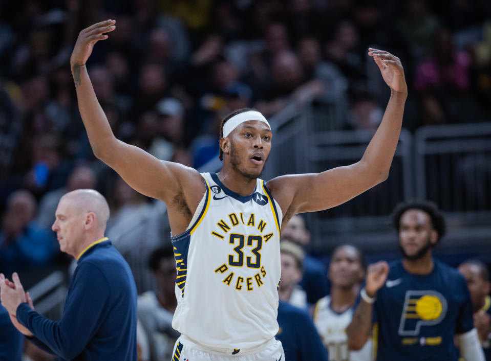 INDIANAPOLIS, IN - JANUARY 08: Myles Turner #33 of the Indiana Pacers reacts during the game against the Charlotte Hornets] at Gainbridge Fieldhouse on January 8, 2023 in Indianapolis, Indiana. NOTE TO USER: User expressly acknowledges and agrees that, by downloading and or using this photograph, User is consenting to the terms and conditions of the Getty Images License Agreement. (Photo by Michael Hickey/Getty Images)