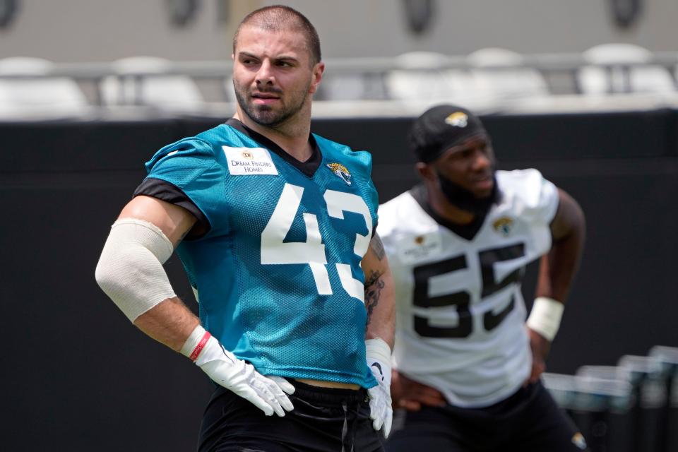 Jacksonville Jaguars fullback Derek Parish (43) stretches during an NFL football rookie camp, Friday, May 12, 2023, in Jacksonville, Fla. (AP Photo/John Raoux)