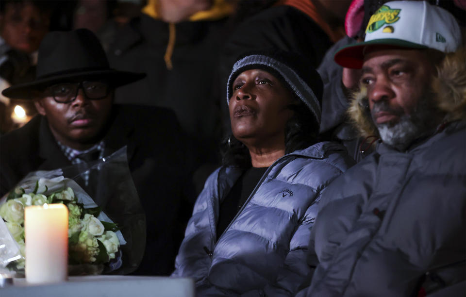 The parents of Tyre Nichols, Mama Rose and Rodney Wells, attend a candlelight vigil for Tyre Nichols, who died after being beaten by Memphis police officers, in Memphis, Tenn., Thursday, Jan. 26, 2023. (Patrick Lantrip/Daily Memphian via AP)