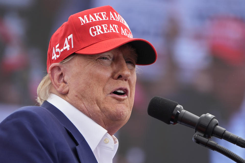 Republican presidential candidate, former President Donald Trump speaks at a campaign rally Sunday, June 9, 2024, in Las Vegas. (AP Photo/John Locher)