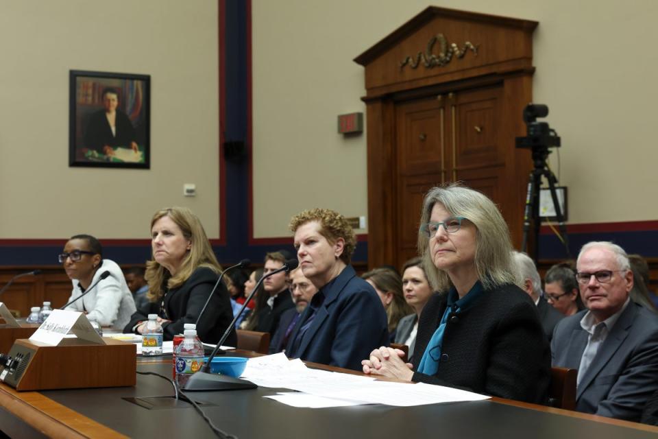 From left to right, Dr. Claudine Gay, President of Harvard University, Liz Magill, President of University of Pennsylvania, Dr. Pamela Nadell, Professor of History and Jewish Studies at American University, and Dr. Sally Kornbluth, President of Massachusetts Institute of Technology (Getty Images)