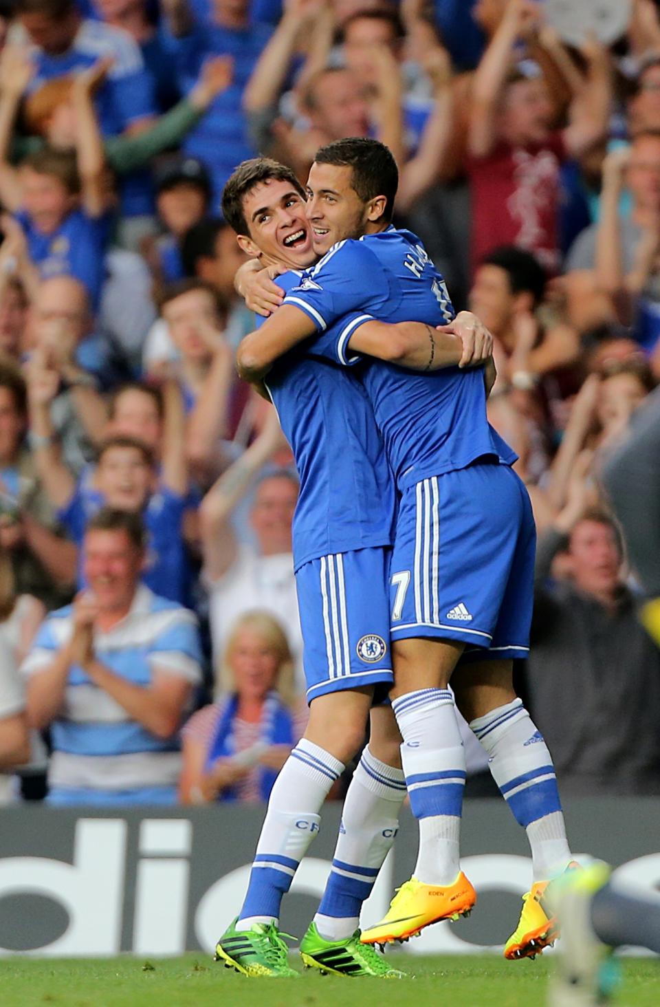 Chelsea's Eden Hazard and Oscar (left) celebrate after Aston Villa's Antonio Luna scores a own goal