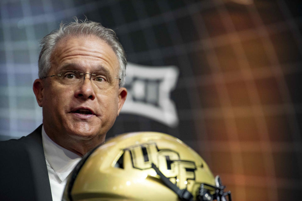 UCF head football coach Gus Malzahn answers questions from reporters at the NCAA college football Big 12 media days in Arlington, Texas, Thursday, July 13, 2023.(AP Photo/Emil T. Lippe)