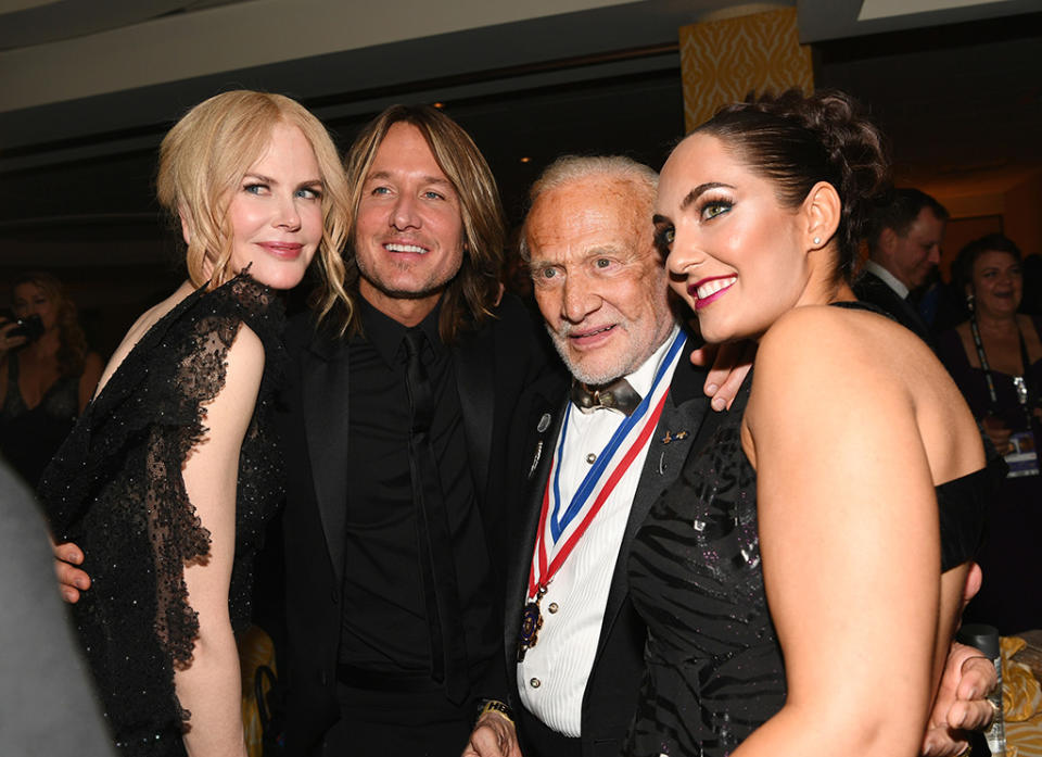 <p>Out of this world! Nicole Kidman, singer Keith Urban, and astronaut Buzz Aldrin posed for a photo at HBO’s Golden Globe after-party. (Photo: Emma McIntyre/Getty Images) </p>