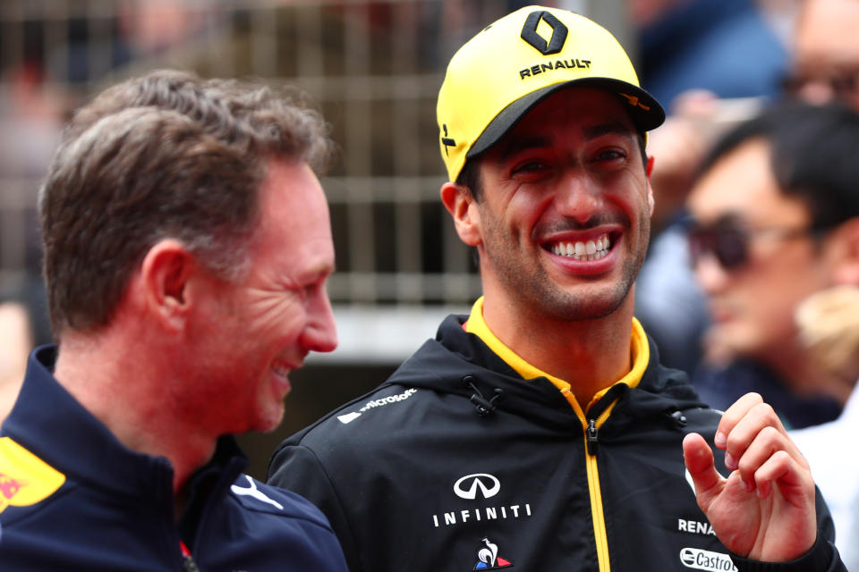 Daniel Ricciardo, pictured here speaking with Christian Horner in 2019 after his move to Renault.