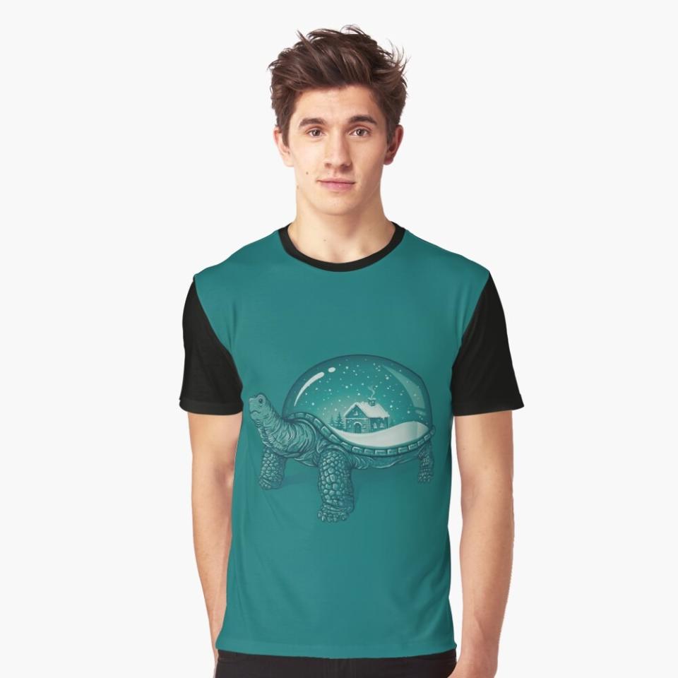 boy wearing a teal t-shirt with a turtle on it