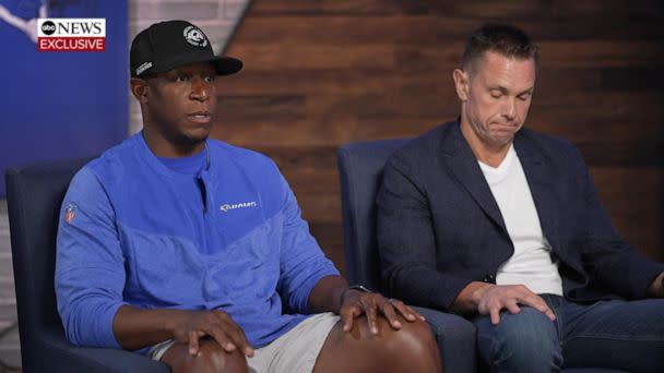 PHOTO: Los Angeles Rams defensive coordinator Raheem Morris, left, and Dr. Andrew Oleksyn speak with ABC News about their actions to save the life of a 3-year-old boy. (ABC News)
