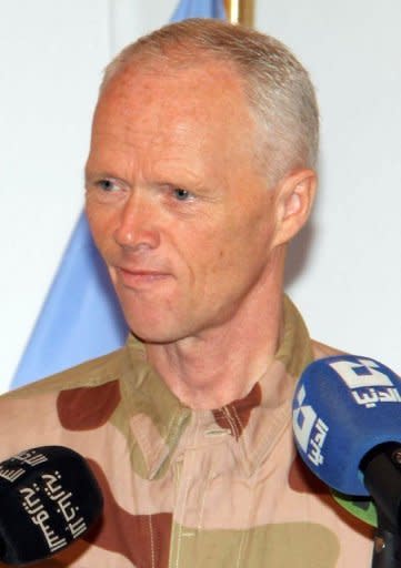 The head of the UN observer team, General Major Robert Mood of Norway, gives a press conference in Damascus. Mood acknowledged that, "No volume of observers can achieve a progressive drop and a permanent end to the violence if the commitment to give dialogue a chance is not genuine from all internal and external factors"