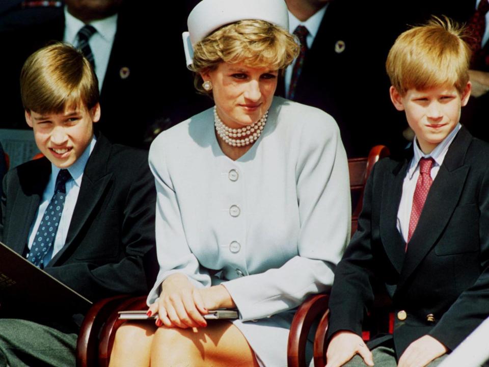 Princess Diana, Princess of Wales with her sons Prince William and Prince Harry attend the Heads of State VE Remembrance Service in Hyde Park in 1995.