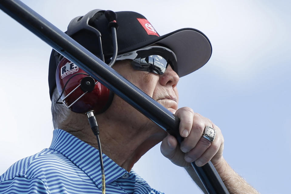 Team owner Joe Gibbs watches practice for a NASCAR Cup Series auto race on Saturday, Nov. 16, 2019, at Homestead-Miami Speedway in Homestead, Fla. Gibbs, soon to turn 79, won three Super Bowls coaching the Washington Redskins and can win his fifth NASCAR Cup Series championship if Martin Truex Jr., Kyle Busch or Denny Hamlin have the best finish. (AP Photo/Terry Renna)