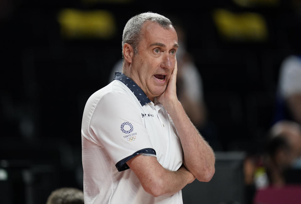 Czech Republic head coach Ronen Ginzburg reacts during men's basketball game against Iran at the 2020 Summer Olympics, Sunday, July 25, 2021, in Saitama, Japan. (AP Photo/Charlie Neibergall)