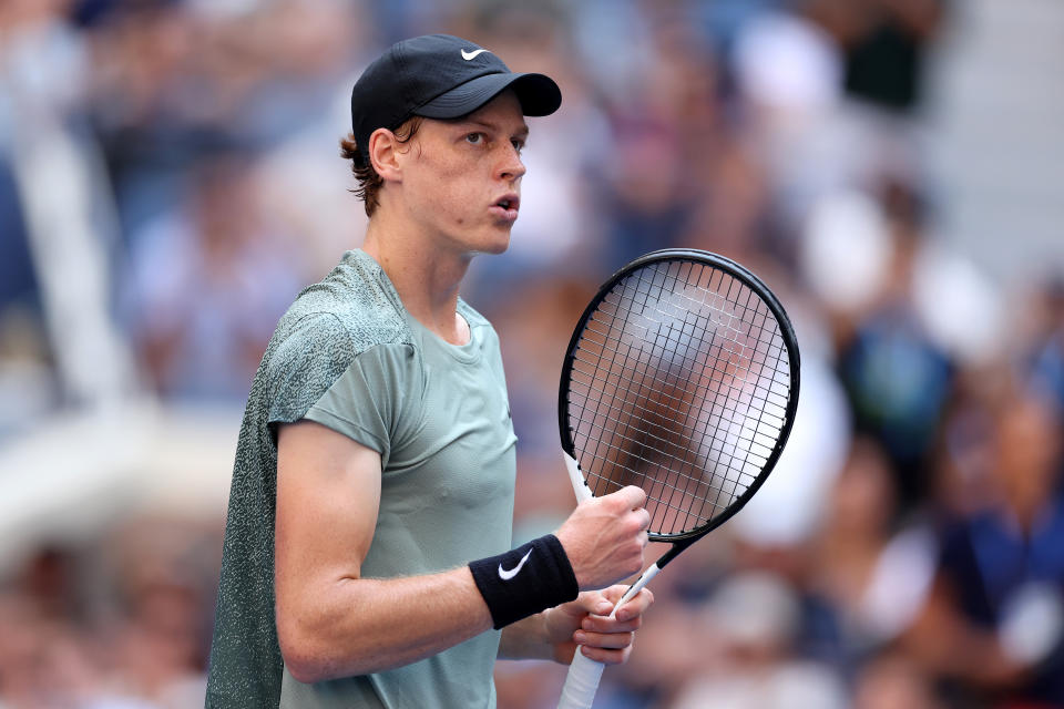 NEW YORK, NEW YORK - AUGUST 31: Jannik Sinner of Italy celebrates match point against Christopher O'Connell of Australia during their Men's Singles Third Round match on Day Six of the 2024 US Open at USTA Billie Jean King National Tennis Center on August 31, 2024 in the Flushing neighborhood of the Queens borough of New York City. (Photo by Mike Stobe/Getty Images)