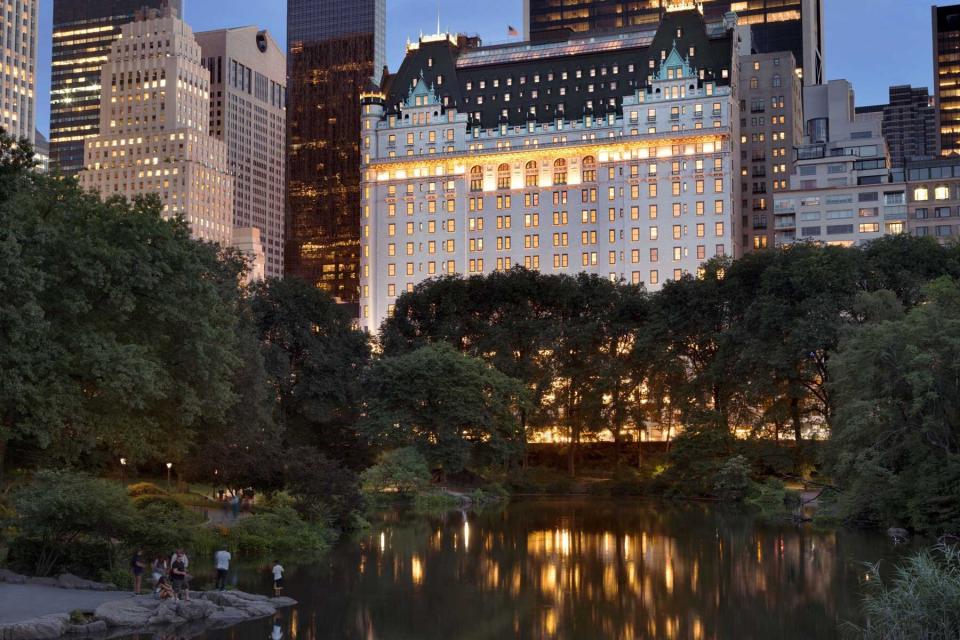 Nighttime exterior view of The Plaza Hotel, voted one of the top hotels in New York City