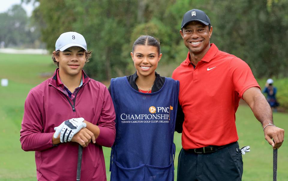 Charlie Woods, Sam Woods, and Tiger Woods at the 2023 PNC Championship.