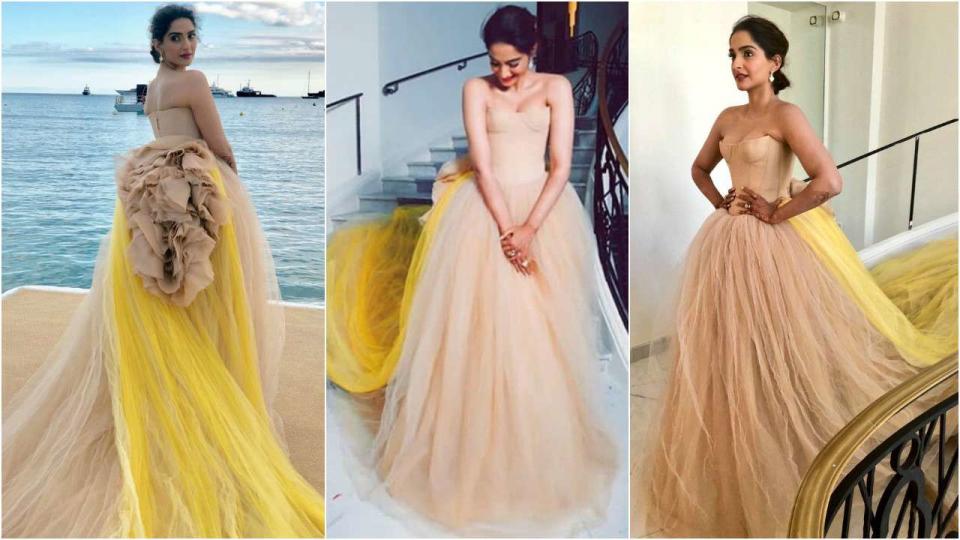 Donning a stunning nude Vera Wang elaborate gown, Sonam looks like a princess at her second appearance at Cannes 2018. 