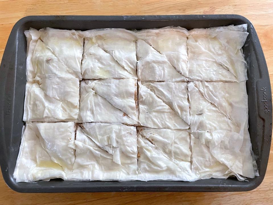 Cutting the phyllo for Anneta's dad's baklava