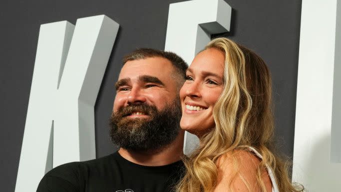 philadelphia, pa september 08 l r jason kelce poses for a photo with kylie kelce during the kelce documentary premiere at suzanne roberts theater on september 8, 2023 in philadelphia, pennsylvania photo by cooper neillgetty images
